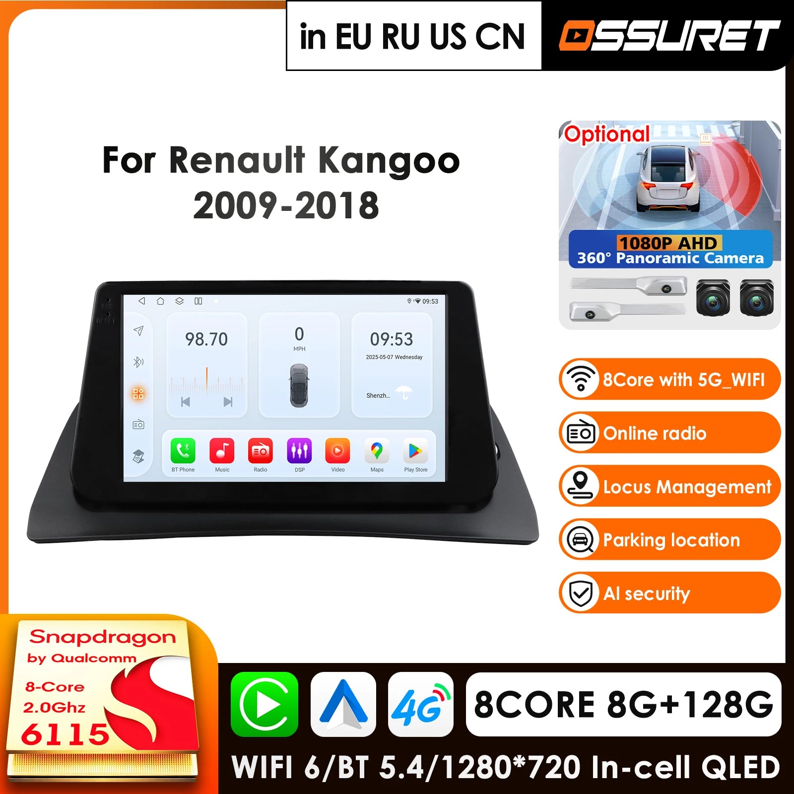 12.3" Car Radio GPS Wireless Carplay Android 14 for Renault Kangoo 2009-2018 - Snapdragon 8Core 360° Panoramic Camera