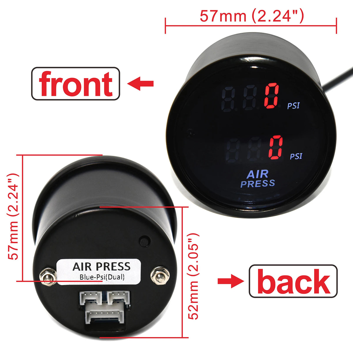 AD Dual Display Air Pressure Gauge 52mm PSI Bar Press Gauge for Air Suspension Red LED Blue 2pcs - Automotive LED Light