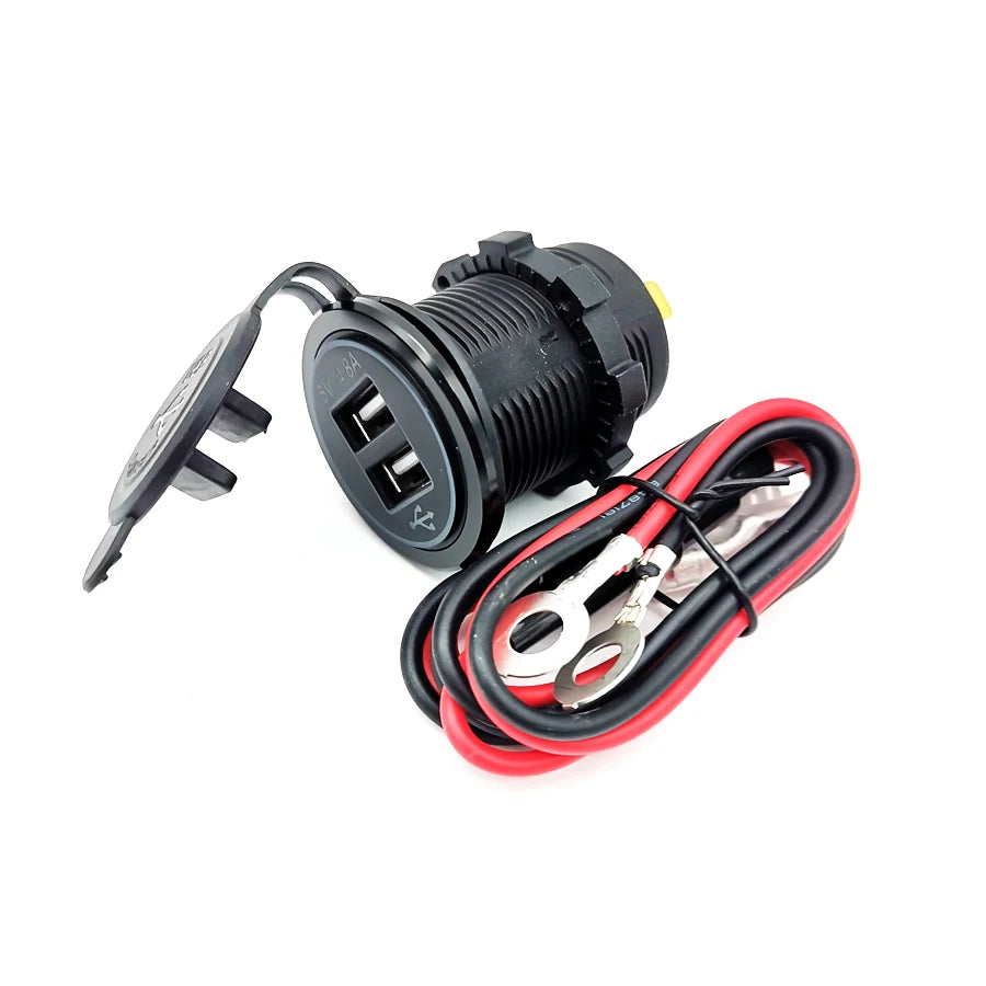 Dual Port 2.4A USB Power Charger Blue LED w/ Wire Fuse for Motorcycle ATV Boat