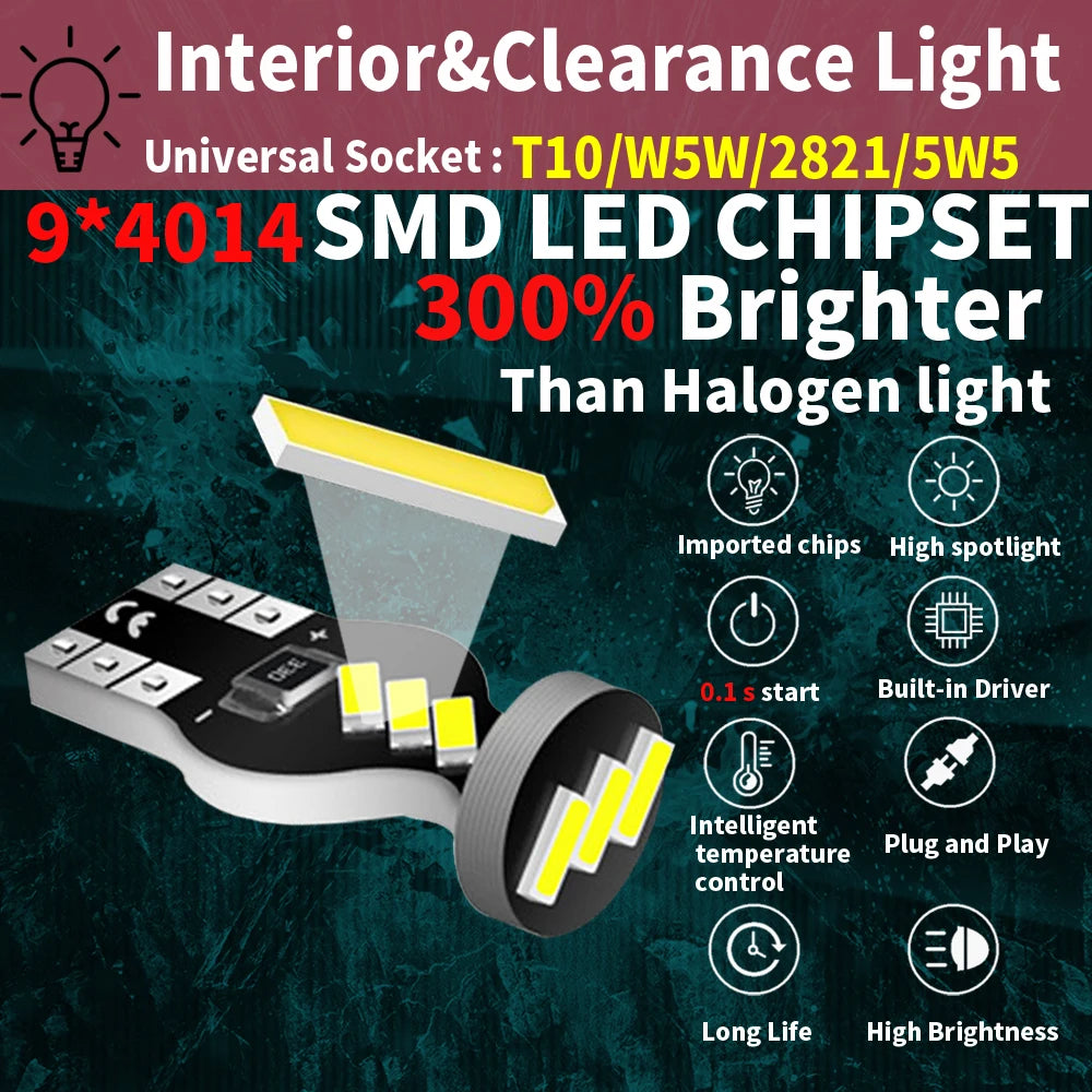 LED Interior Light Kit for Peugeot W5W T10 - Canbus Error-Free Interior Bulbs