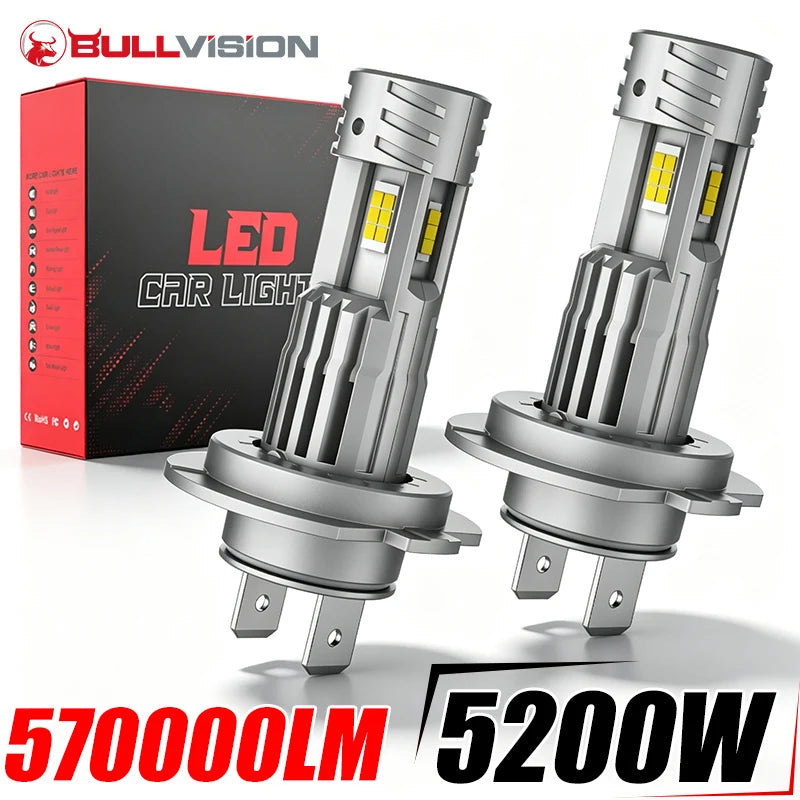 5200W H7 LED Headlights Canbus 5700000LM 3 Sided CSP Cores 1:1 Mini Diodes Universal H7 Up