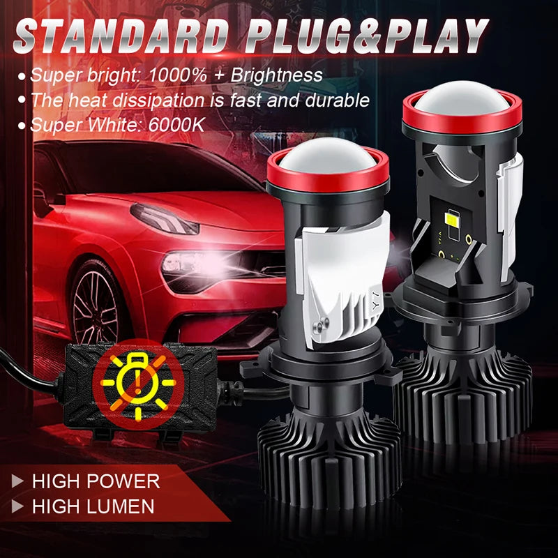 1000W Y7D H4 Super Bright LED Headlight Car H4 Mini Projector Lens Bulb 6000k 300000LM Hig