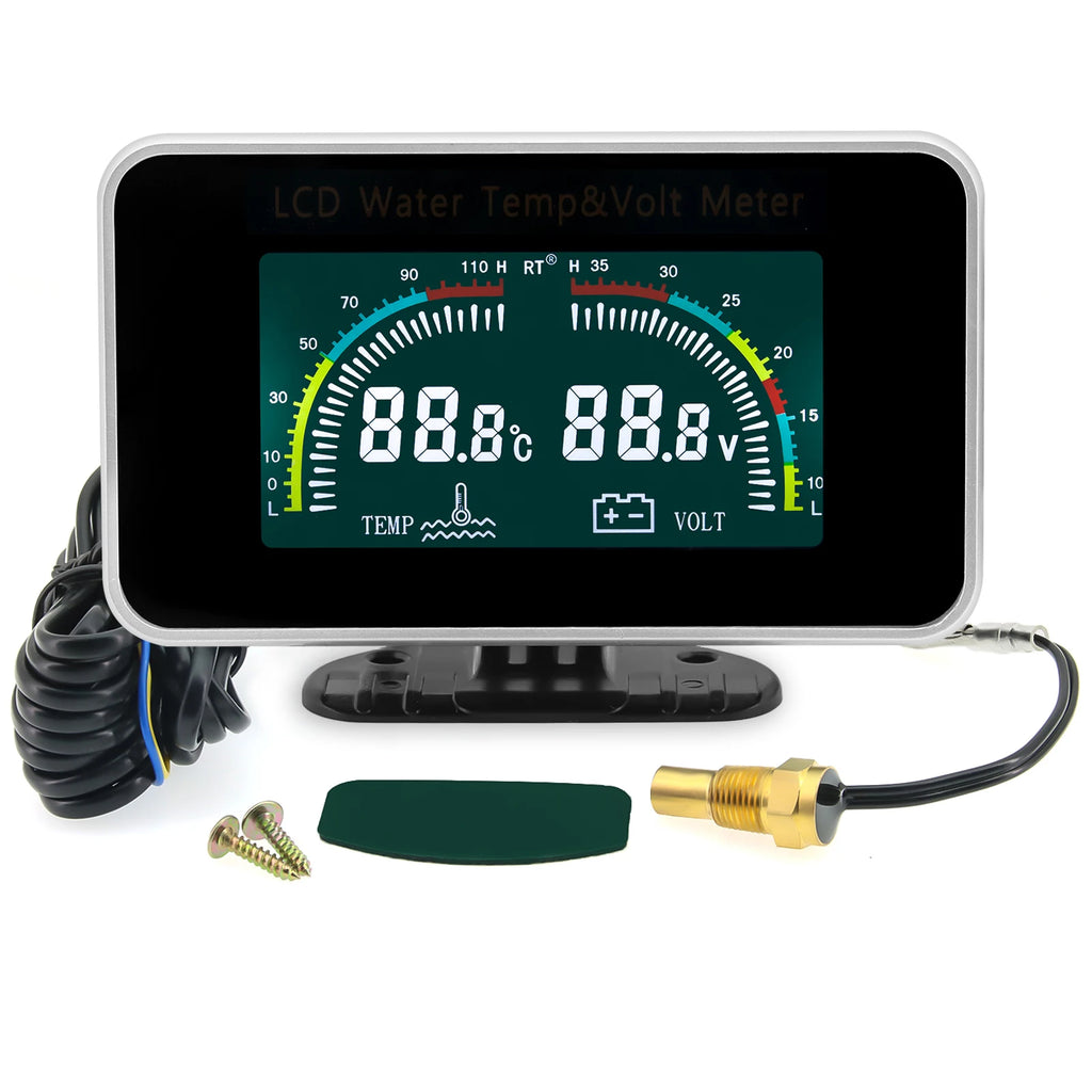 2 IN 1 LCD Gauge with 10mm Temp Sensor Voltmeter Volt Water Temperature Gauge 26~40mm Adapter(Op - Automotive LED Light