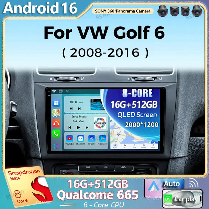 Android 16 For Volkswagen VW Golf 6 MK6 GTI R 2008 - 2012 2K QLED Stereo Car Radio Multime