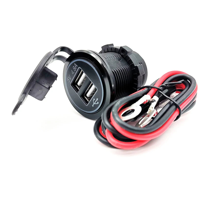 Dual Port 2.4A USB Power Charger Blue LED w/ Wire Fuse for Motorcycle ATV Boat
