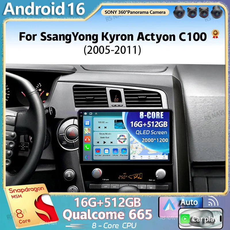 Qualcomm Android 16 For SsangYong Kyron Actyon C100 2005 - 2011 2K QLED Stereo Car Radio M