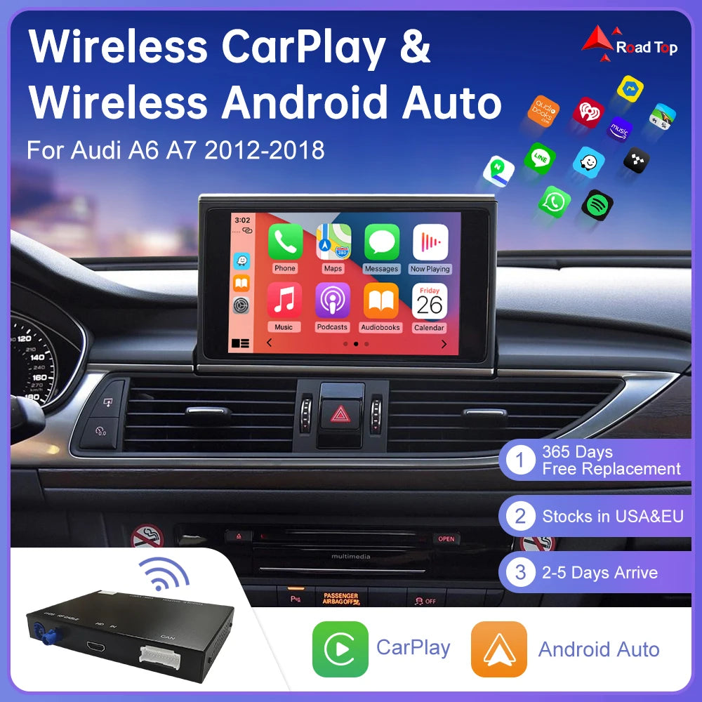 Road Top Wireless CarPlay Android Auto for Audi A6 C6 A7 C7 S6 S7 2012-2018, with AirPlay