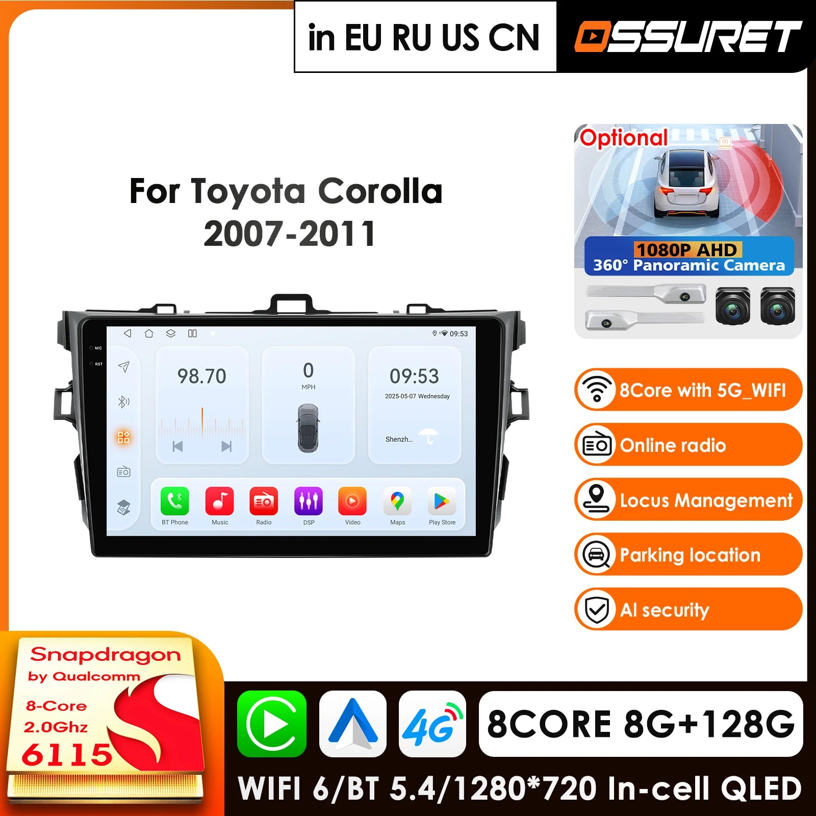 9" 4G Carplay Android Car Radio GPS for Toyota Corolla E140/150 2007-2011 Multimedia Player Auto Stereo - 8Core 8G 128G