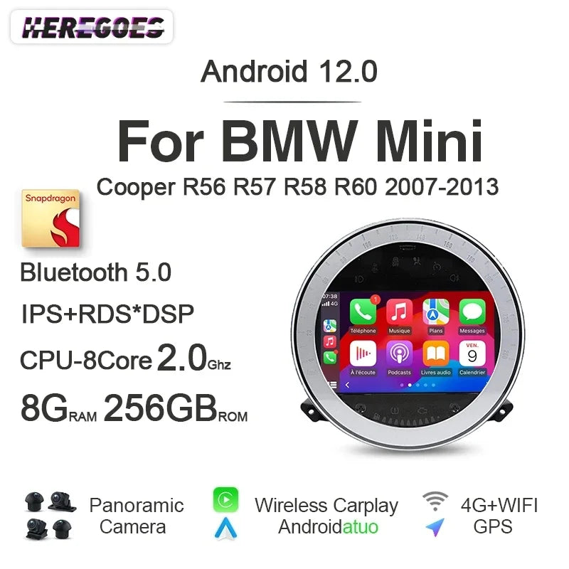 7" Android 14 Car Radio GPS Player 8+256G Carplay Navi Bluetooth 4G LTE Wifi for BMW Mini Cooper R56 R57 R58 R60 2007-20