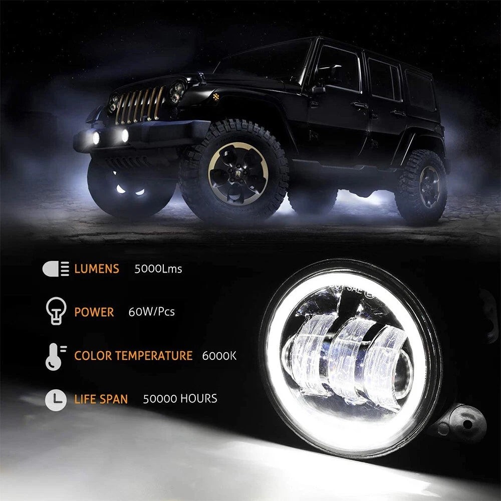 4 Inch LED Fog Lights With White Halo Ring DRL Amber Turn Signal Lamp For Jeep Wrangler JK
