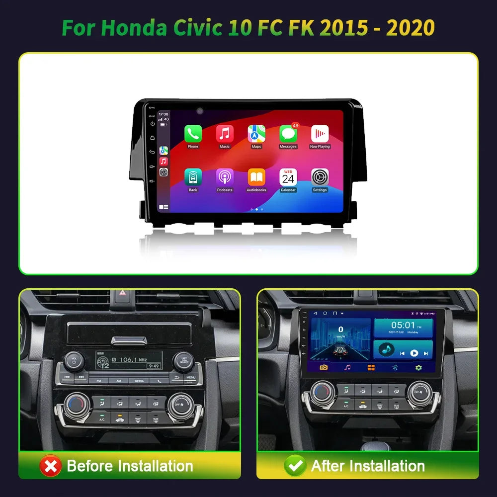 Android 14 For Honda Civic 10 FC FK 2015-2020 Wireless Carplay Stereo Car Radio Multimedia