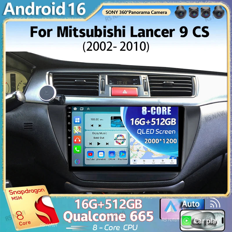 Android 16 For Mitsubishi Lancer 9 CS 2000 2003 2004-2010 2K QLED Stereo Car Radio Multime