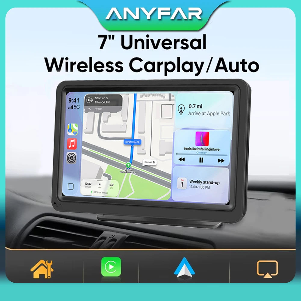 Portable 7" Magnetic Mount Wireless CarPlay for Android Auto Car Stereo GPS Screen Bluetoo