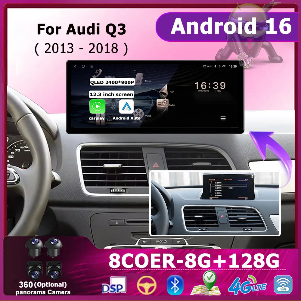 QLED Touch Screen Car Multimedia Radio For Audi Q3 2013-2018 Wireless CarPlay Android 16 N
