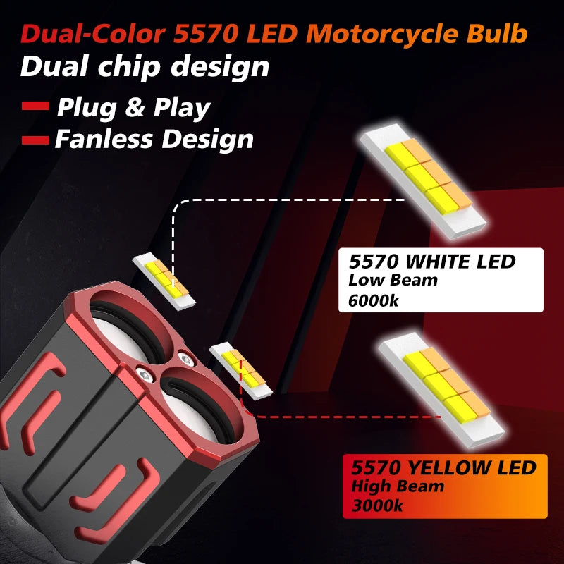 H4 BA20D H6 Lens 16W 1200LM LED Motorcycle Headlight Dual-color Tail Light 12-80V 3570 Chi