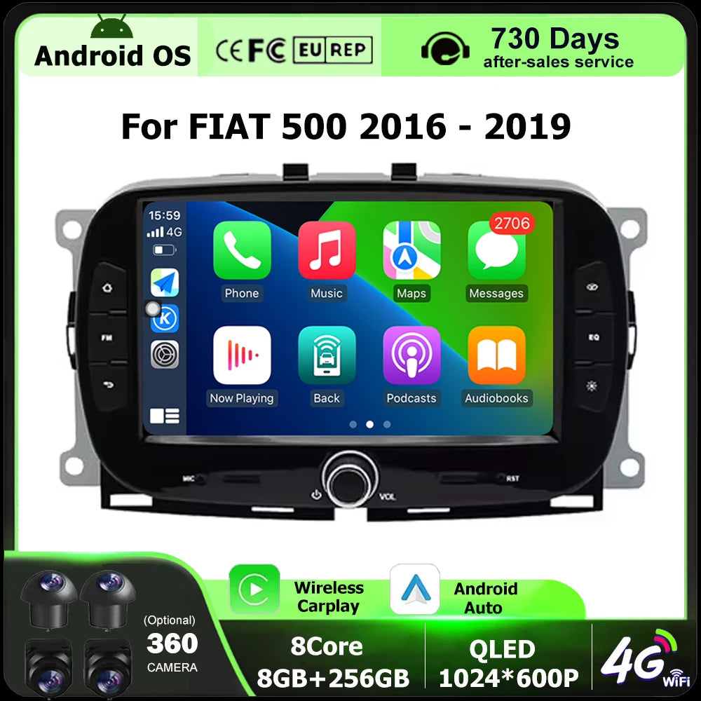 GPS Navigation Android 16 Auto Carplay 7" For FIAT 500 2016 2017 2018 2019 Stereo Multimed