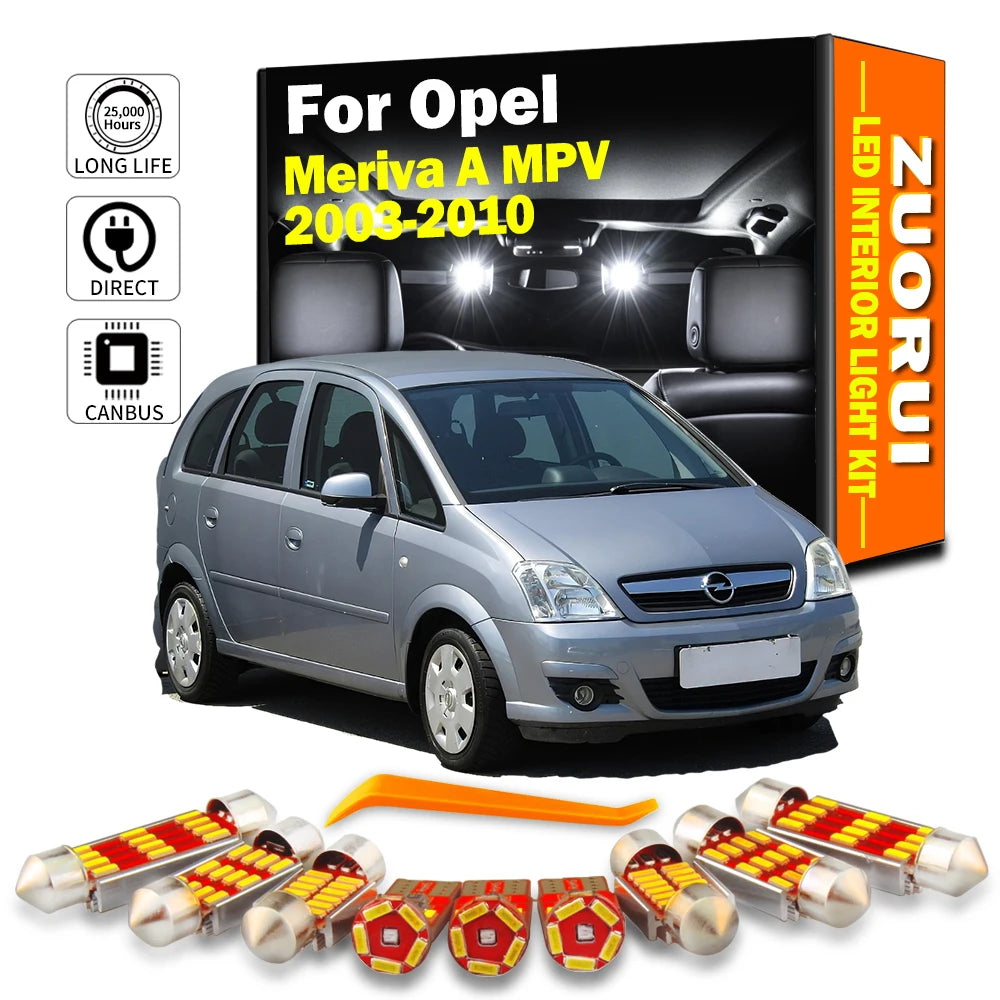 10-Piece LED Interior Light Kit for Opel Meriva A MPV 2003-2008 - Canbus Dome Map Door Trunk Bulbs | AUTOKITSHOP