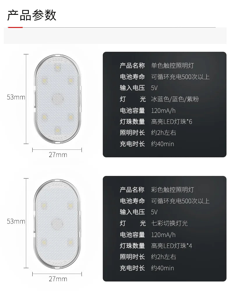 Car LED Touch Lights Wireless Interior Light Magnetic Auto Door Light Roof Ceiling Lamp Reading Lamp USB Rechargeable 5V