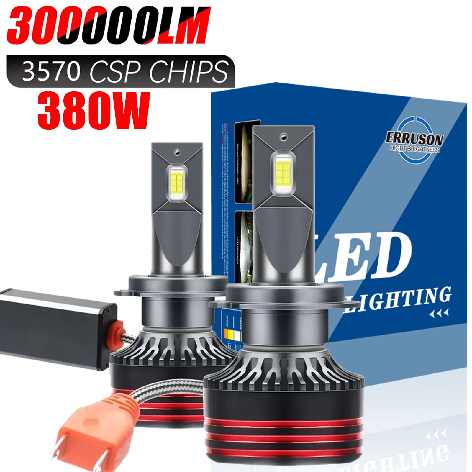 Erruson 380W 300000LM H4 LED H7 H11 Car Headlight Bulb High Power CSP H1 H3 9005 9006 9012 HIR2 Turbo Lamp 6000K Car Light 12V