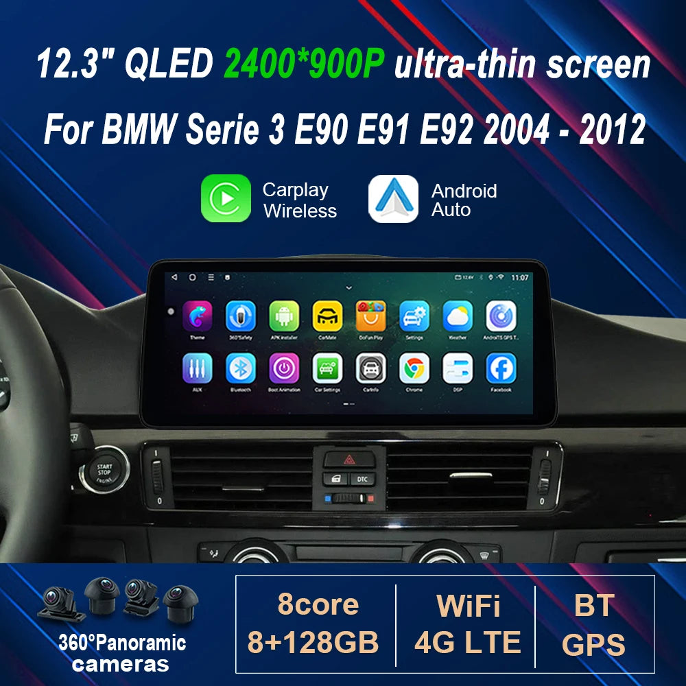 2400*1200P 12.3' Ultra-Thin Android 14 for BMW Serie 3 E90 E91 E92 2004-2012 Car Radio Vid