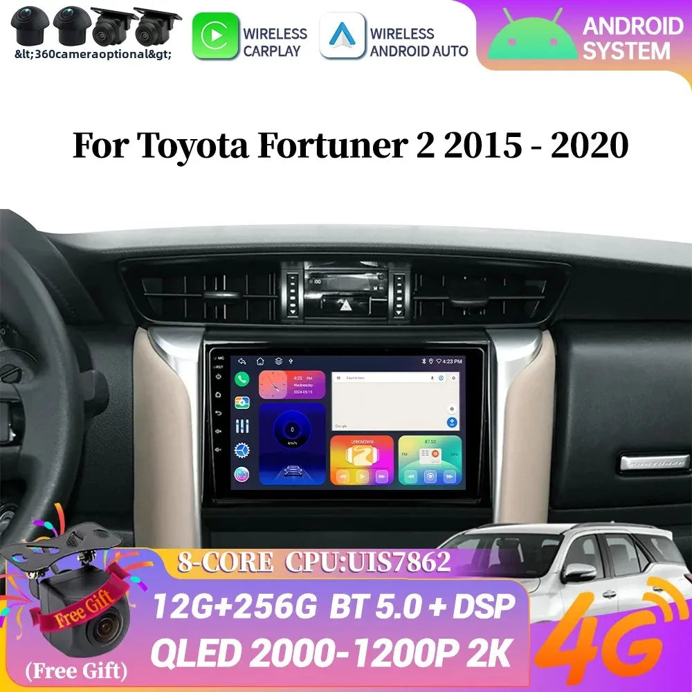 Android 14 For Toyota Fortuner 2 2015-2020 Car Radio Multimedia Navigation 4G Wireless Blu