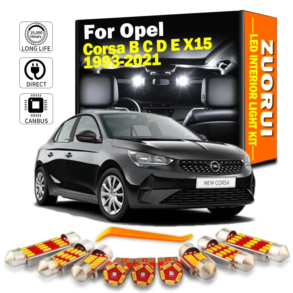 LED Interior Light Kit for Vauxhall Opel Corsa B C D E X15 1993-2018 - Canbus Dome Map Door Trunk Bulbs | AUTOKITSHOP