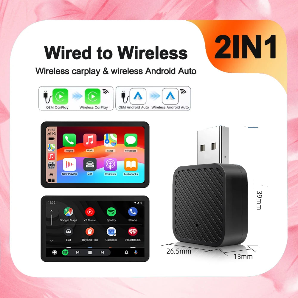 2in1 Wireless CarPlay Android Auto Adapter for OEM Car Stereo With USB Plug and Play