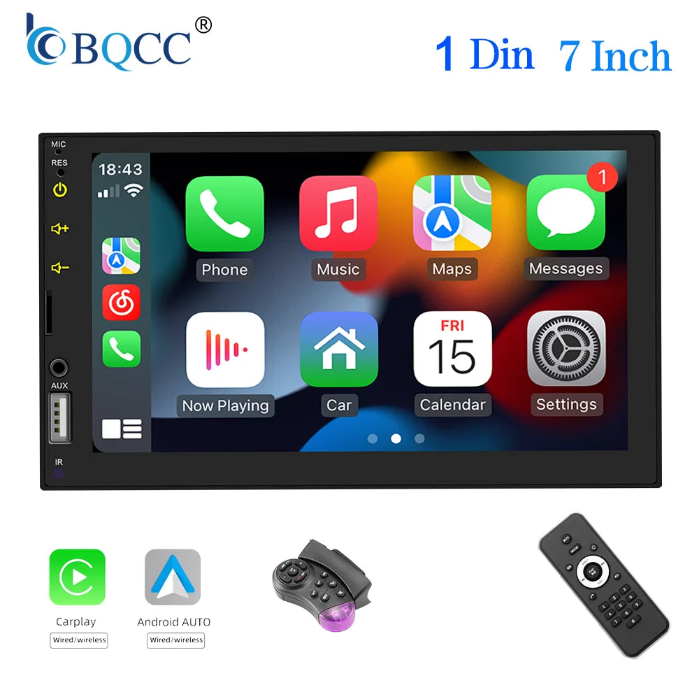 BQCC 7 Inch 1Din 2Din Car Radio Carplay Android Auto Multimedia Player HD Touch  Screen FM AUX BT MirrorLink Universal Car Audio