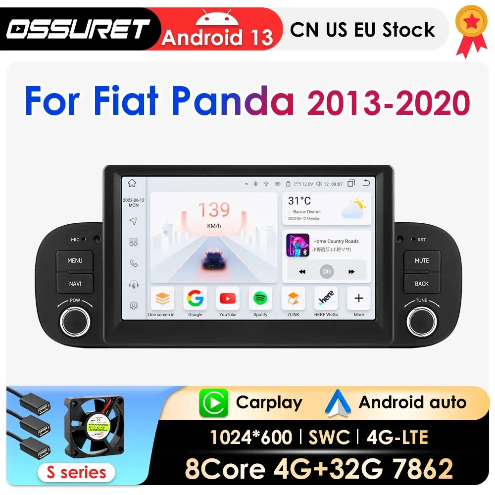 4G 32G 1Din Android 13 Car multimedia Player For Fiat Panda 2013-2020 Carplay 4G GPS Navi
