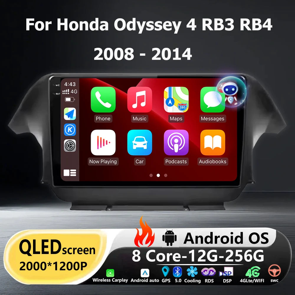 Android 16 Auto Carplay For Honda Odyssey 4 RB3 RB4 2008-2014 Car Radio Multimedia Video P