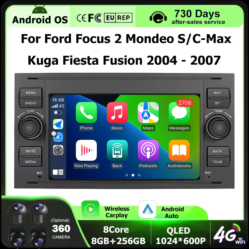 7 Inch For Ford Focus 2 Mondeo S/C-Max Kuga Fiesta Fusion 2004-2007 Android 16 Auto Car Ra