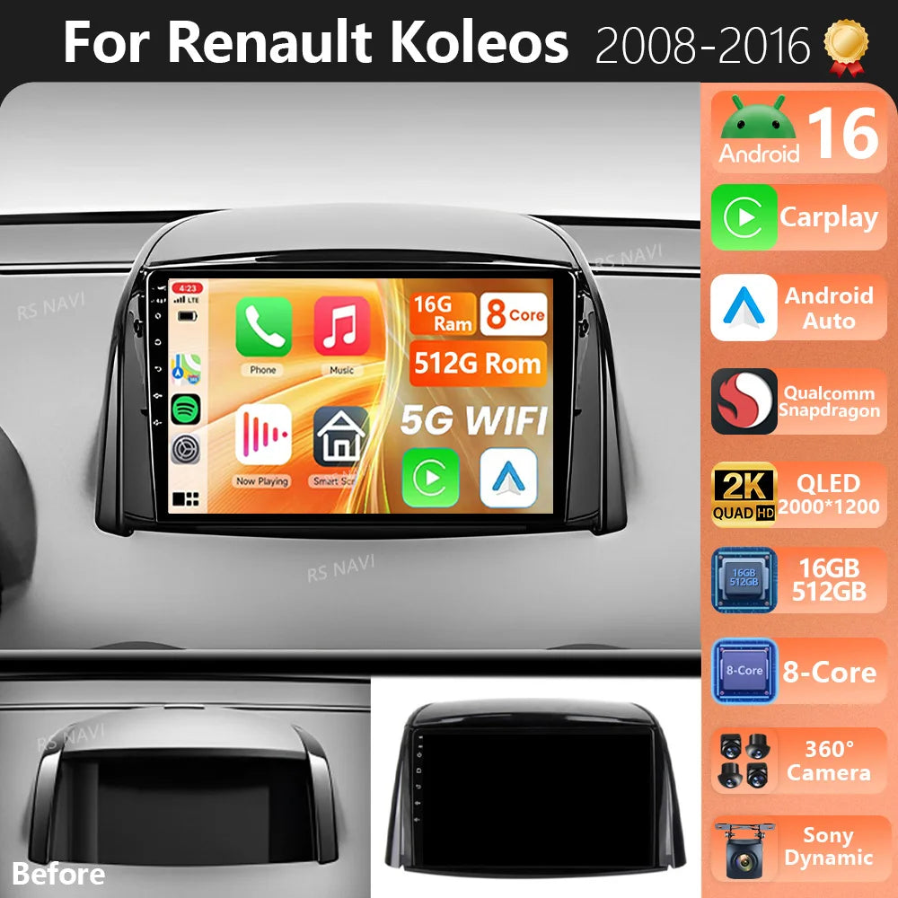 Plug and Play Android 16 For Renault Koleos 2008 -2016 2K QLED Android Car Radio Multimedi