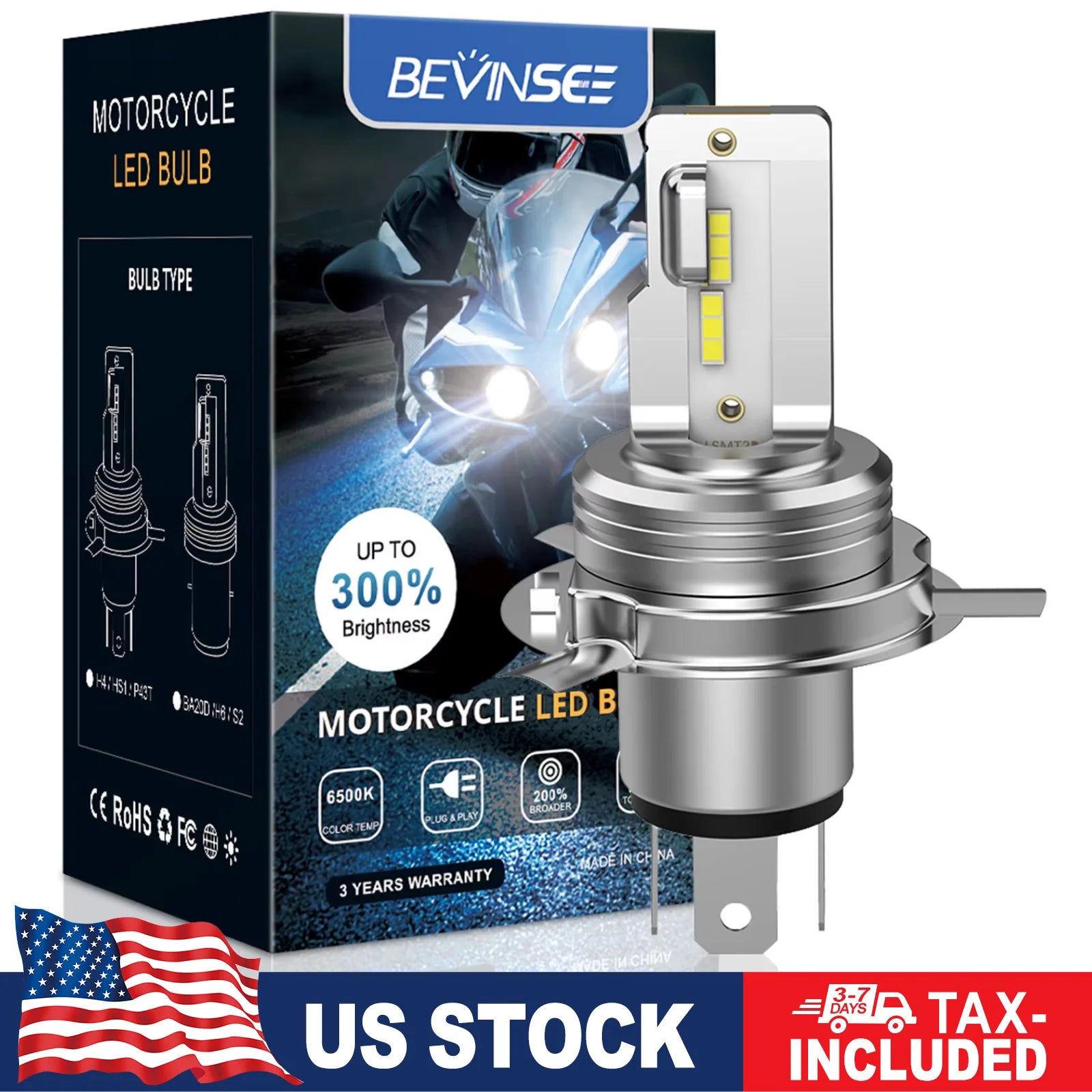 BEVINSEE H4 LED Moto Hi/Lo Beam 9003 H4 Motorcycle LED Headlight Bulb Wireless Non-Polarit