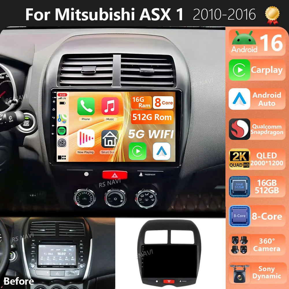 Android 16 For Mitsubishi ASX 1 2010 - 2016 2K QLED Android Car Radio Multimedia Video Pla