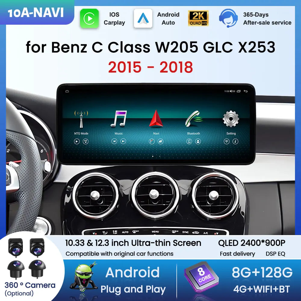 for Benz C Class W205 GLC 2015 - 2018 Wireless Carplay 4G Car Video Multimedia Player QLED