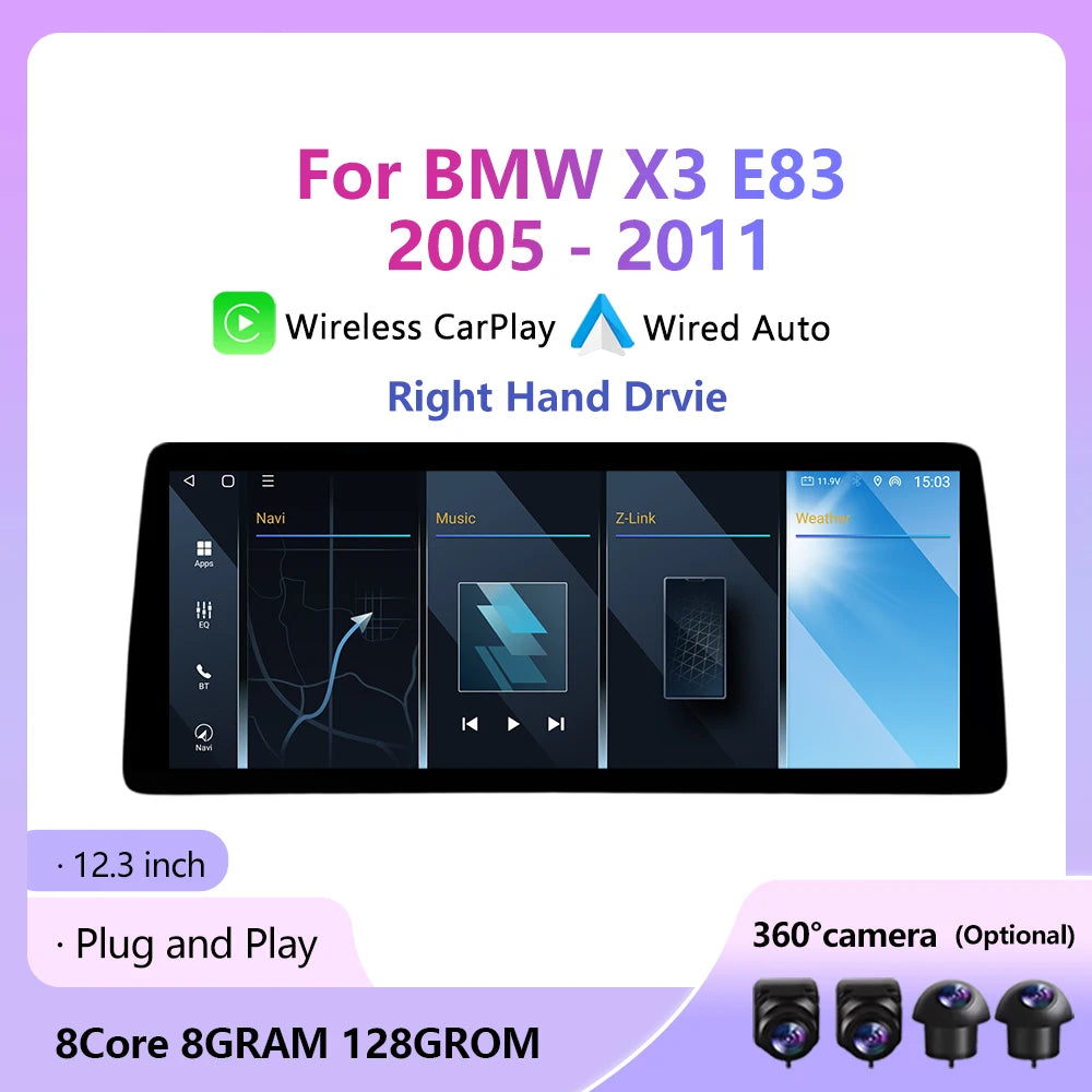 RHD 12.3Inch Android16 auto For BMW X3 E83 2005- 2011 Wireless Carplay Car Video Multimedi