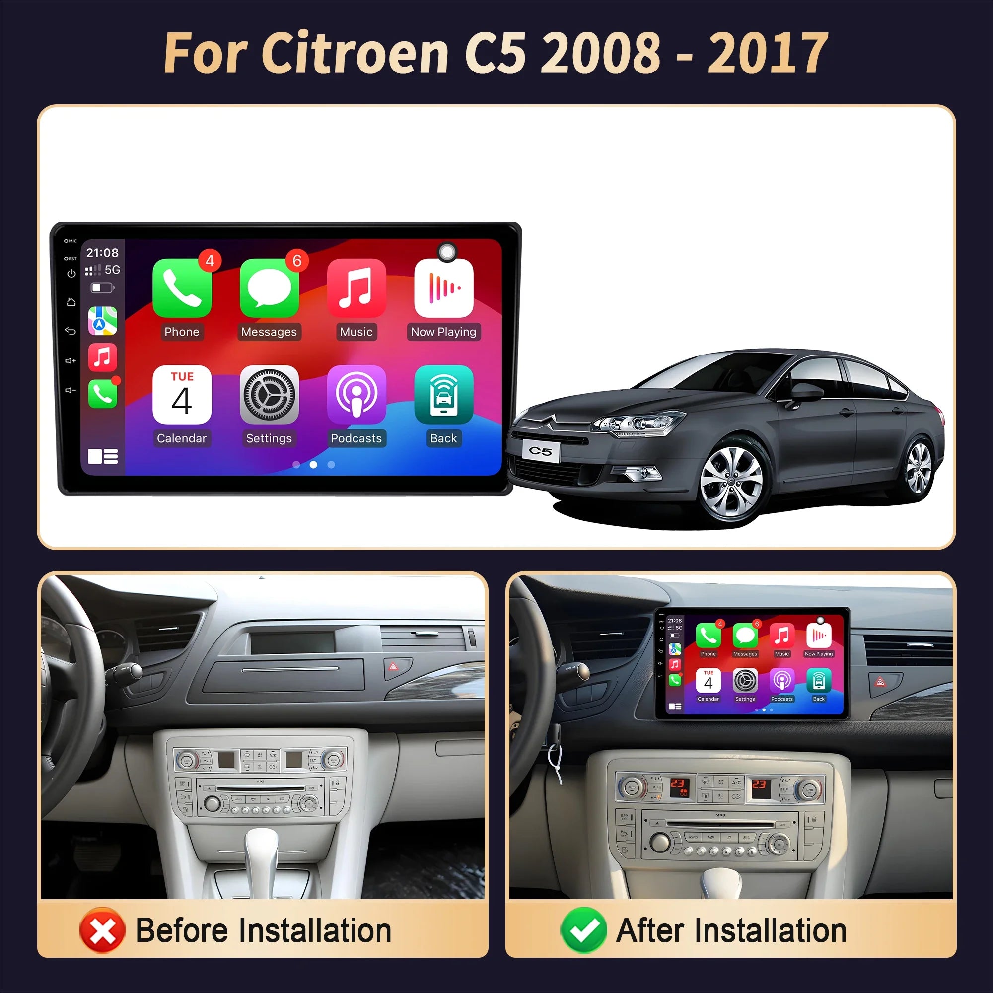 9 inch Car Radio Android 16 For Citroen C5 2008-2017 BT Carplay Multimedia Navigation 2K Q