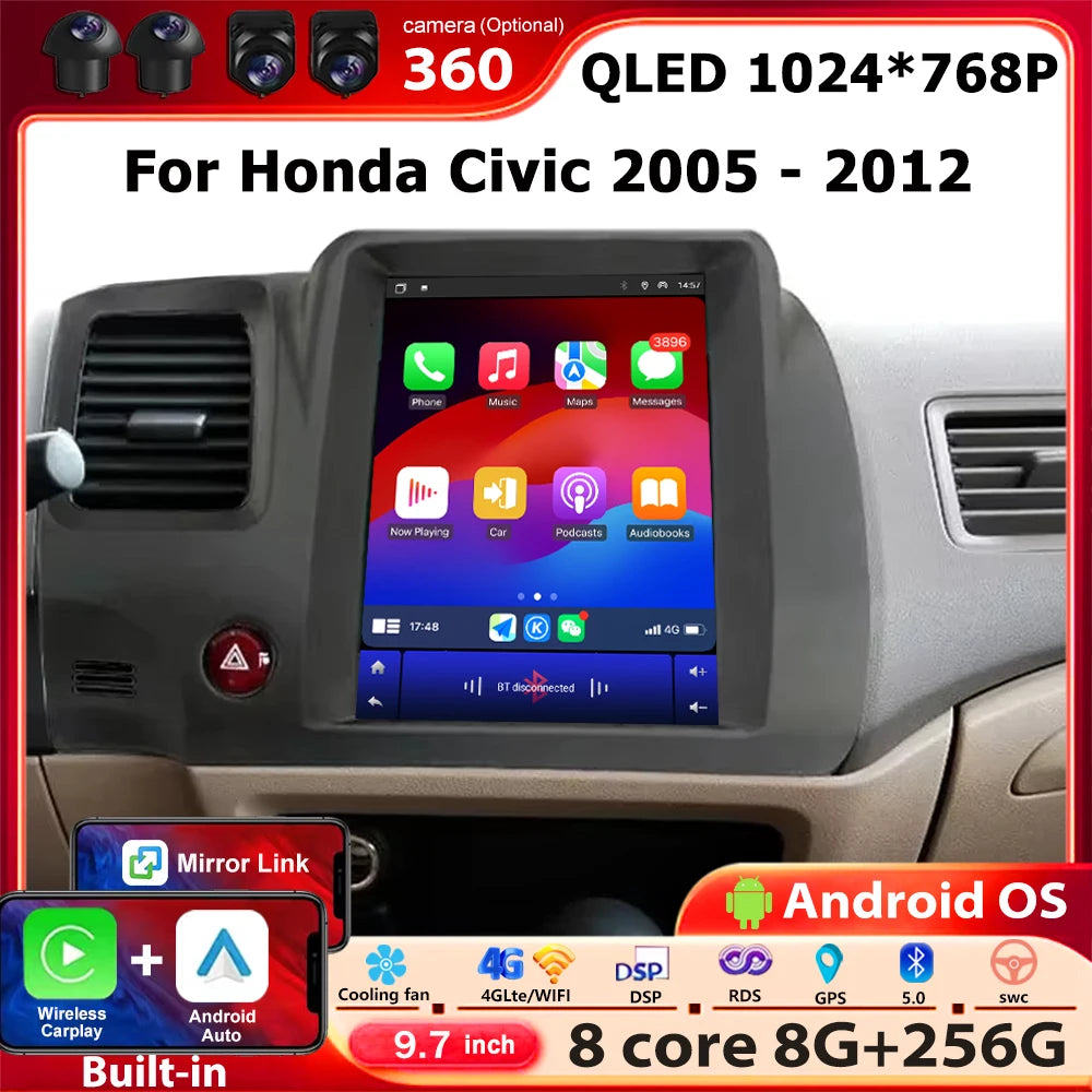 Carplay Android 16 Auto For Honda Civic 2005 - 2012 LHD Car Radio Multimedia Video Player