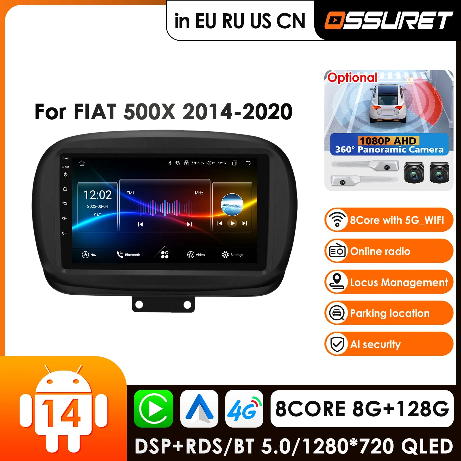 12.3" QLED Car Radio GPS for Fiat 500X 2014-2020 Android 14 AI Voice CarPlay Head Unit Navigation 4G