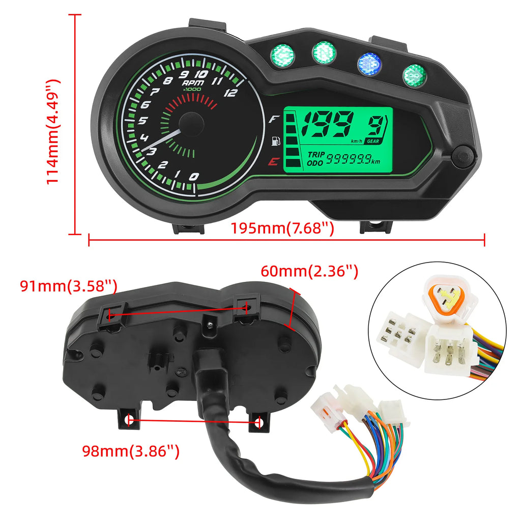 ADQ Motorcycle Speedometer Tachometer 12000 RPM Meter Universal Motor Vehicle GEAR Indicator TRI - Automotive LED Light