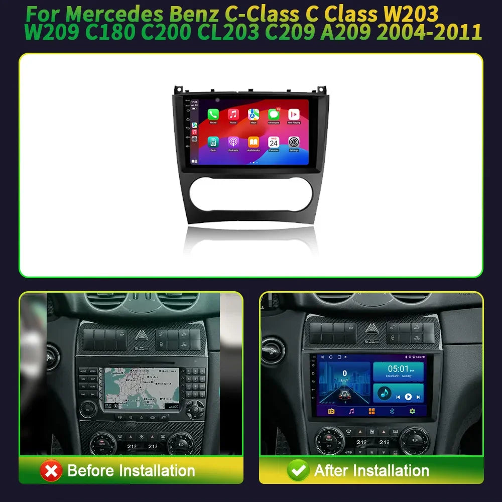 For Mercedes Benz C-Class Class W203 W209 C180 C200 CL203 C209 A209 2004-2011 Android 14 C