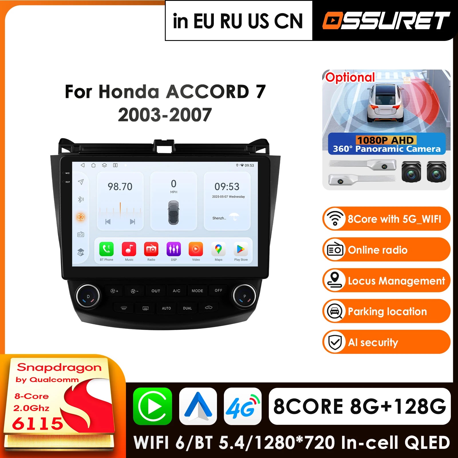 10.1" QLED Screen 2Din Android Car Radio GPS for Honda Accord 7 2003-2007 - Carplay Auto 4G RDS AI Multimedia Player