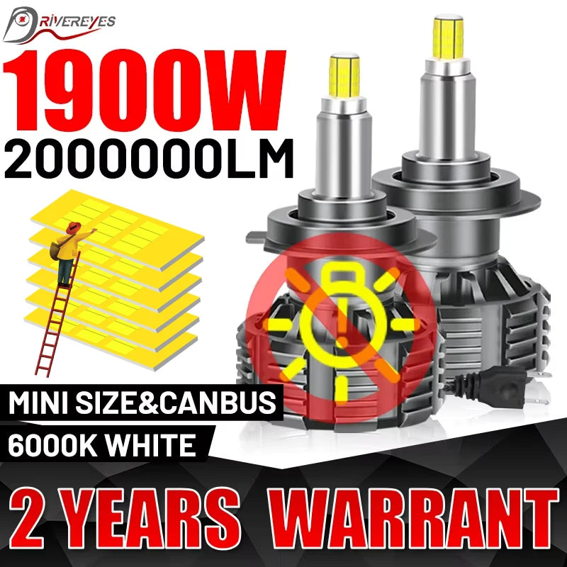 1900W 2000000LM H7 LED Car Headlight Canbus 360 H1 9005 HB3 9006 HB4 Turbo Bi Led Projecto