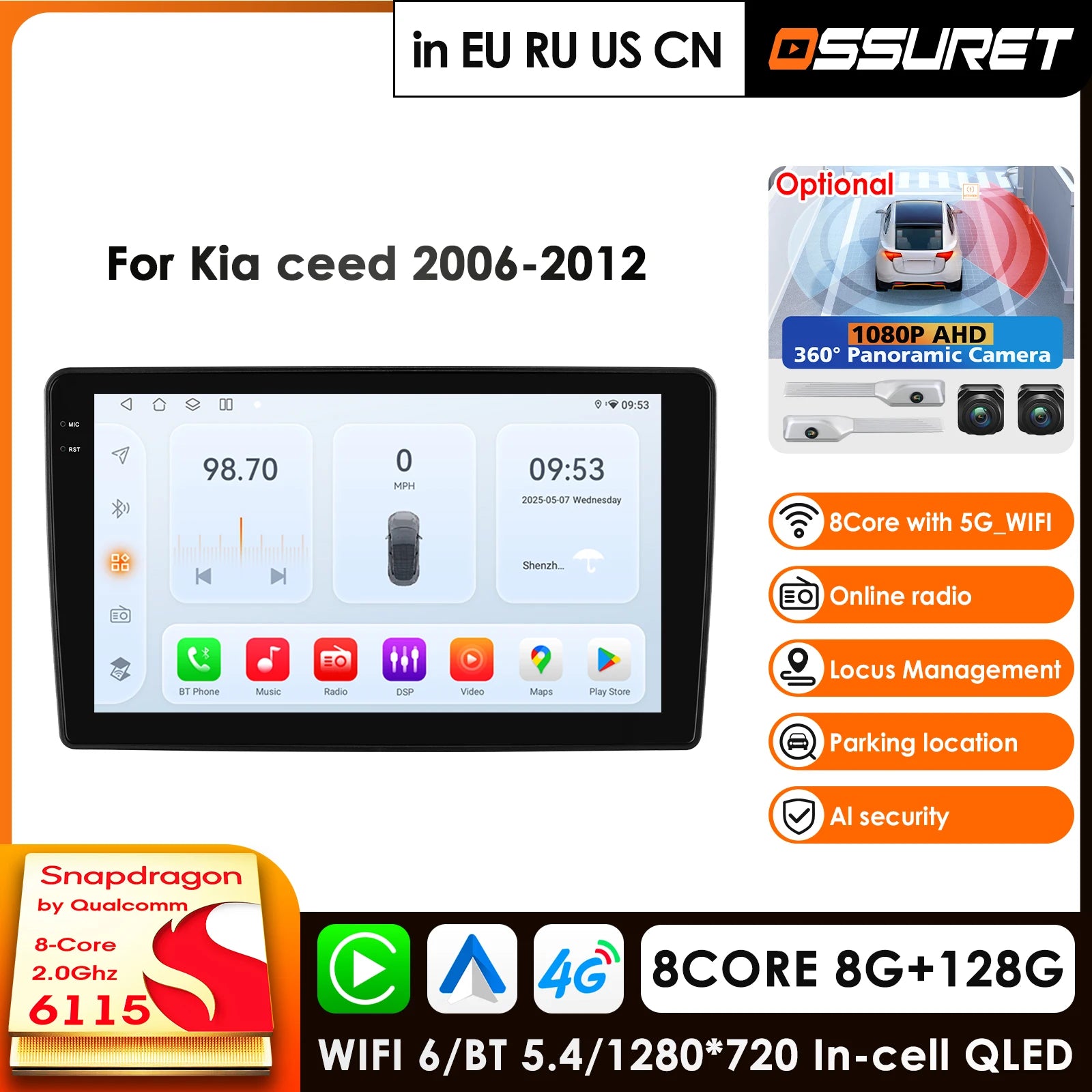 9" Car Radio GPS for Kia Ceed 2006-2012 Android Auto CarPlay Multimedia Player with Qualcomm 8Core 360° Camera - 5G WiFi