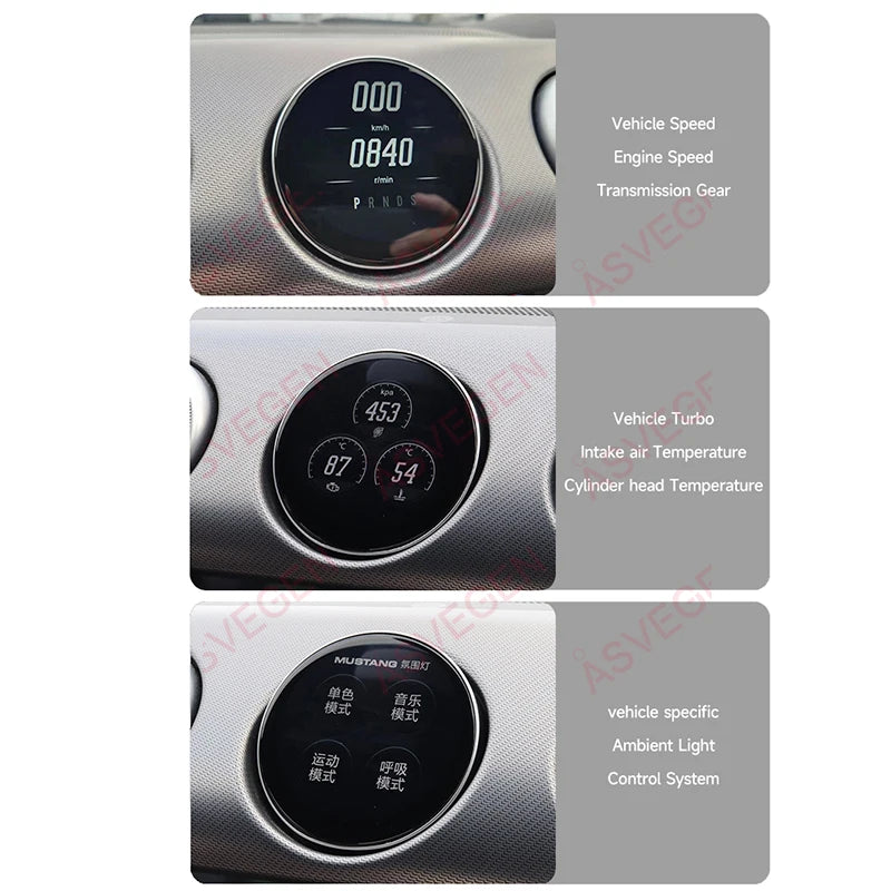 LED Car Ambient Light For Ford Mustang 2015-2022 Dashboard Touch Screen AC Turbine Air Ven