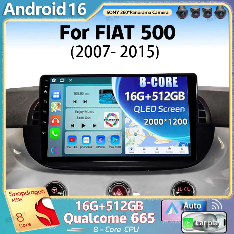 Android 16 For FIAT 500 2007 - 2015 2K QLED Android Car Radio Multimedia Video Player GPS