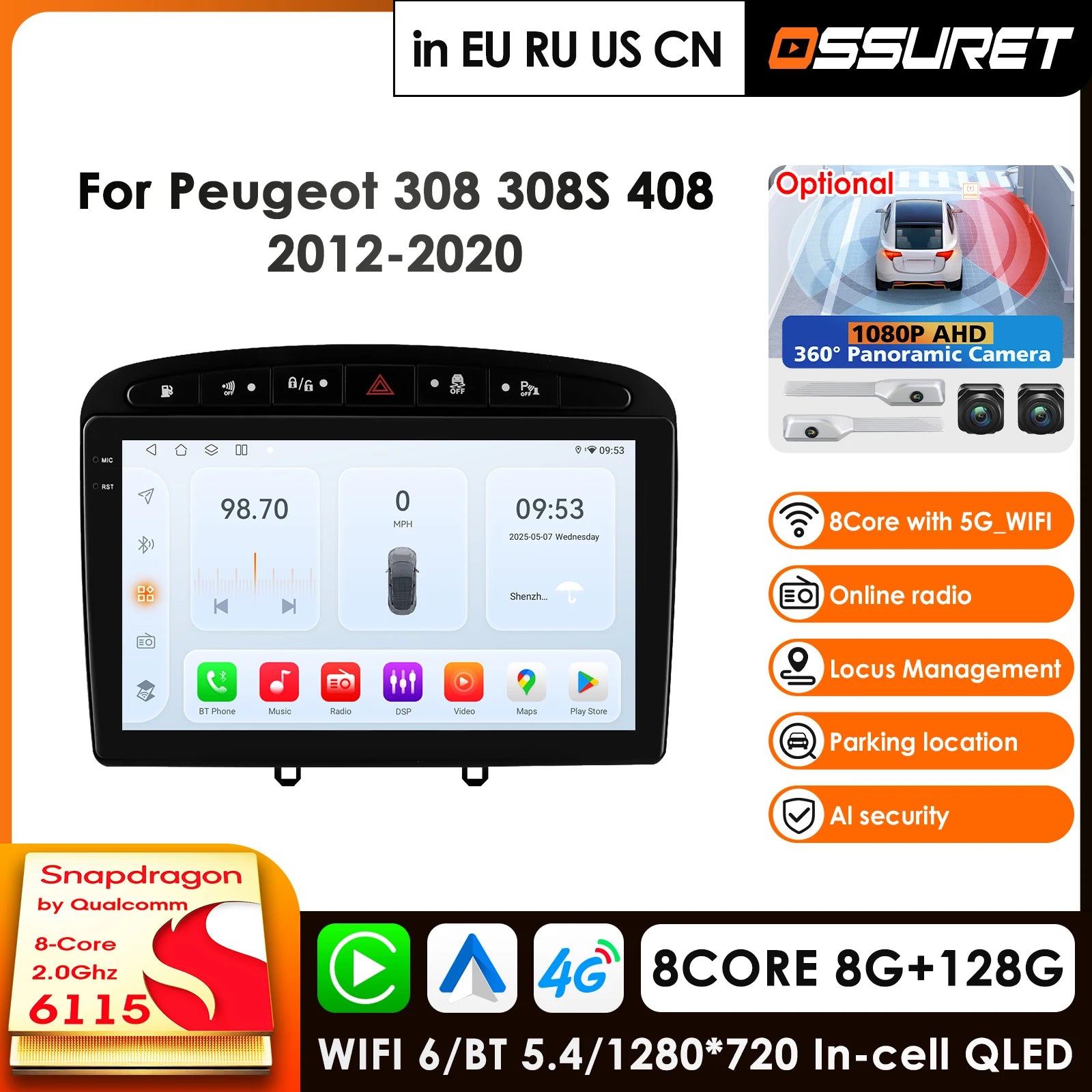 9" QLED Android 14 Car Radio GPS Navigation for Peugeot 308 408 308SW 2012-2020 - Carplay 4G RDS AI Voice