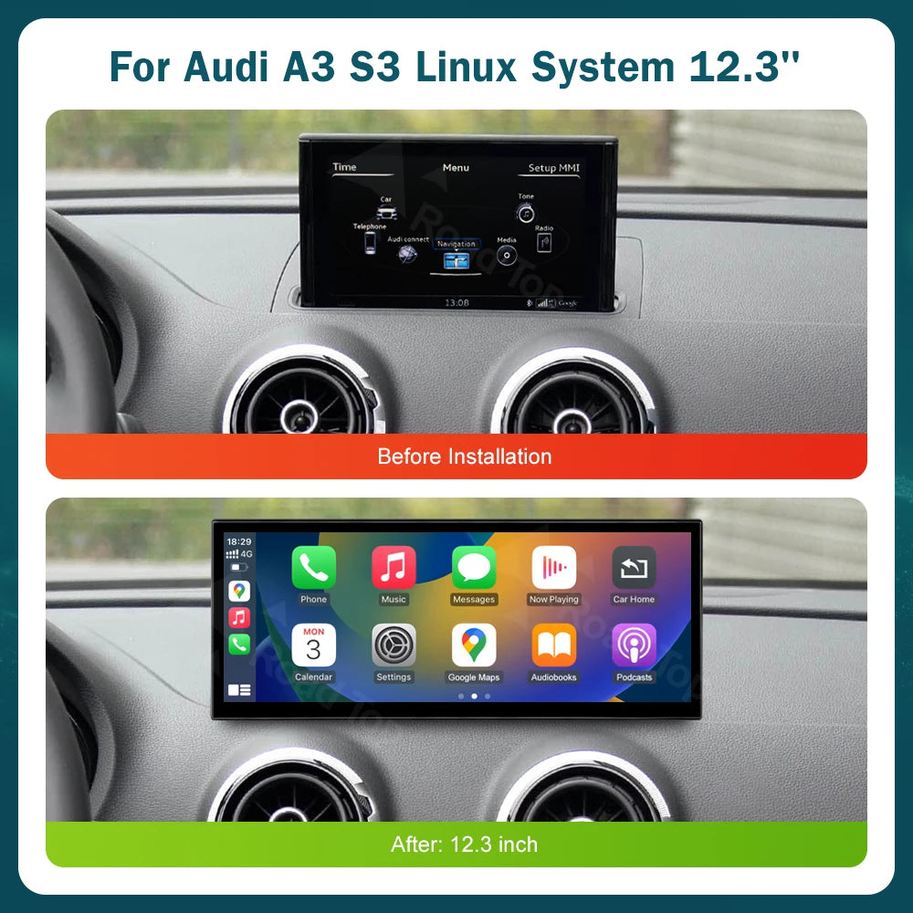 12.3 RoadTop Wireless CarPlay Multimedia Display Android Auto For Audi A3 S3 B9 MIB MIB2 2