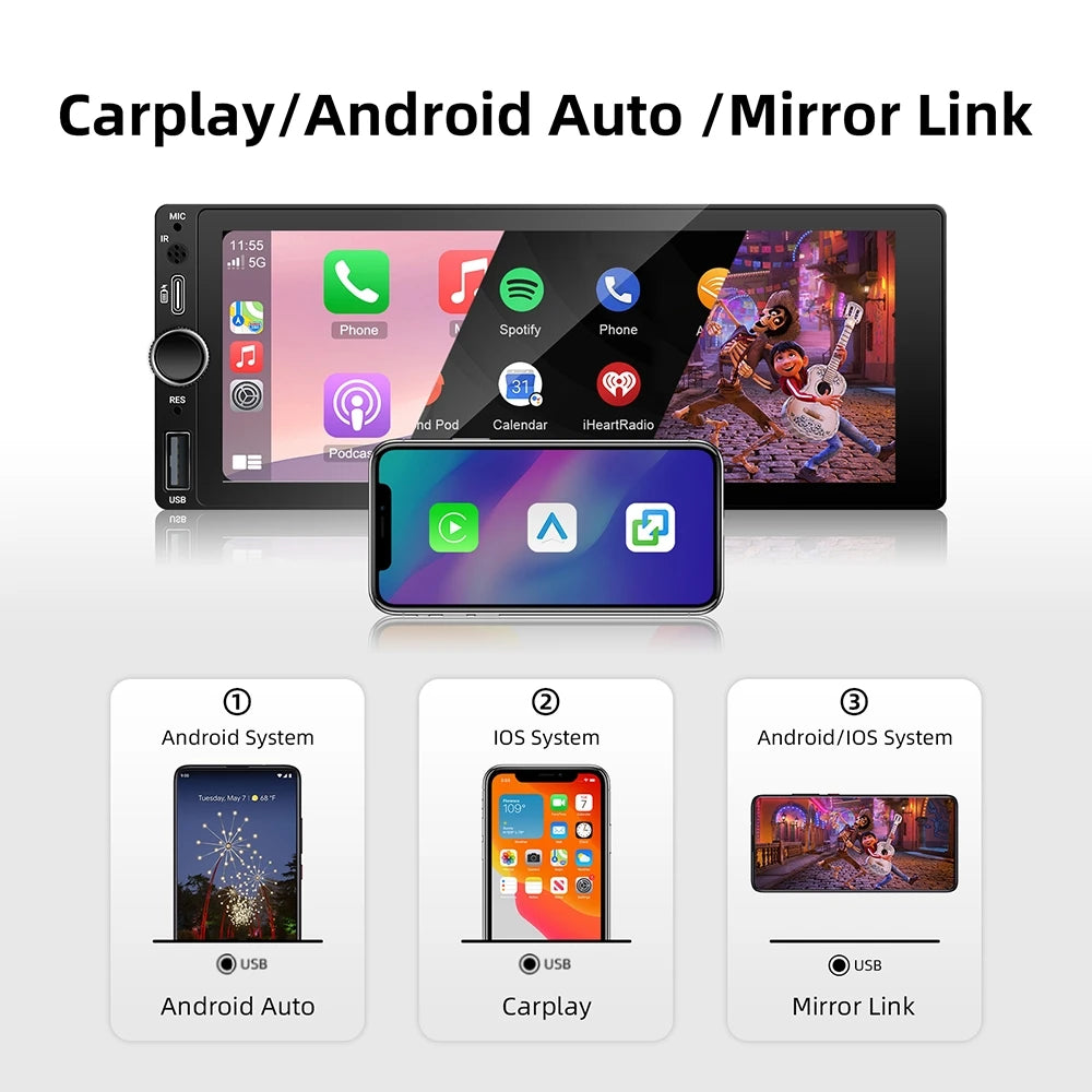 IPS 6.9 Inch 1Din Wired Carplay Android Auto Car Radio Multimedia Video MP5 Player Touch S | AUTOKITSHOP