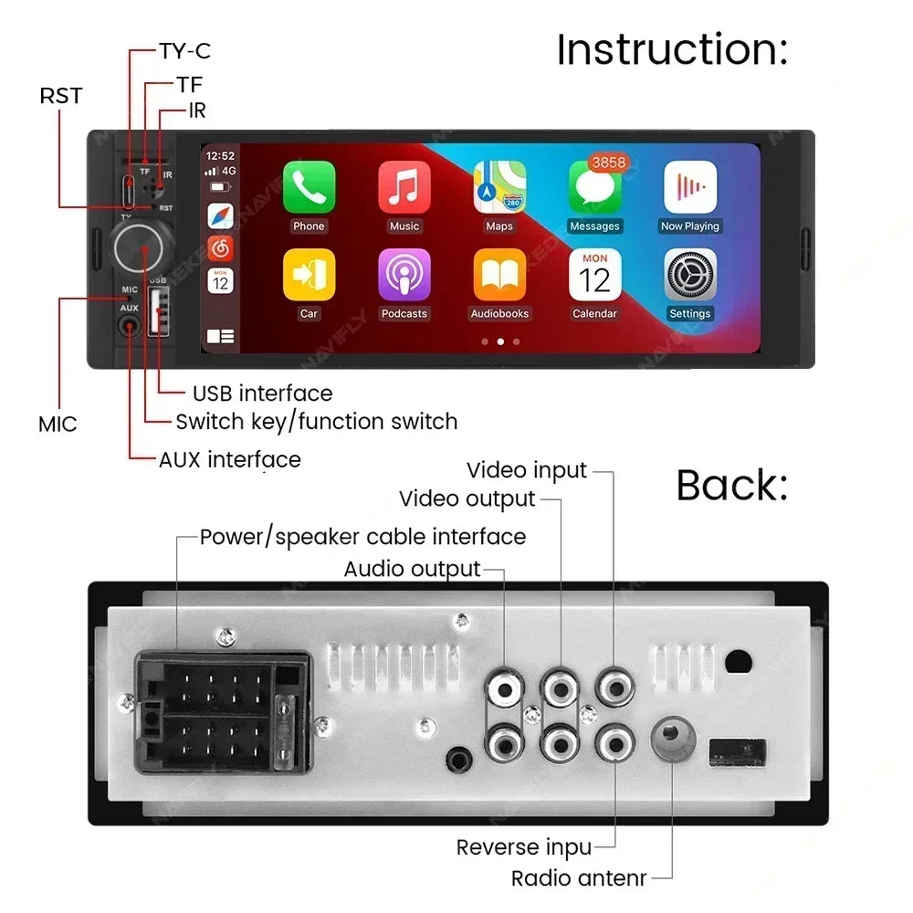 1DIN MP5 Universal Car Radio FM Support Wireless Carplay Android AUTO AUX USB SWC 6.86-Inc | AUTOKITSHOP